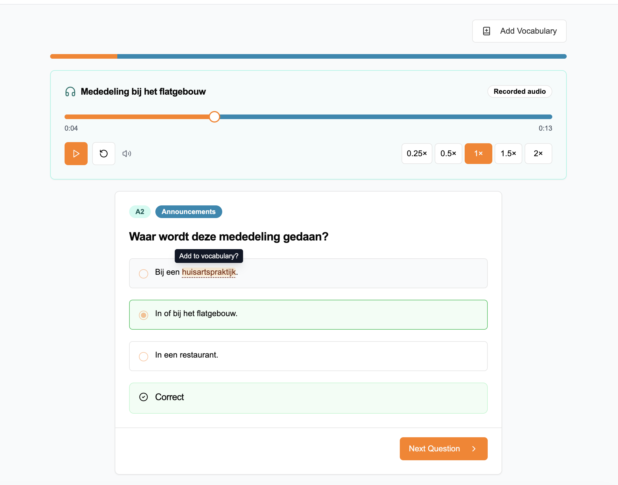 MijnJuffie listening exercise with recorded audio and playback controls
