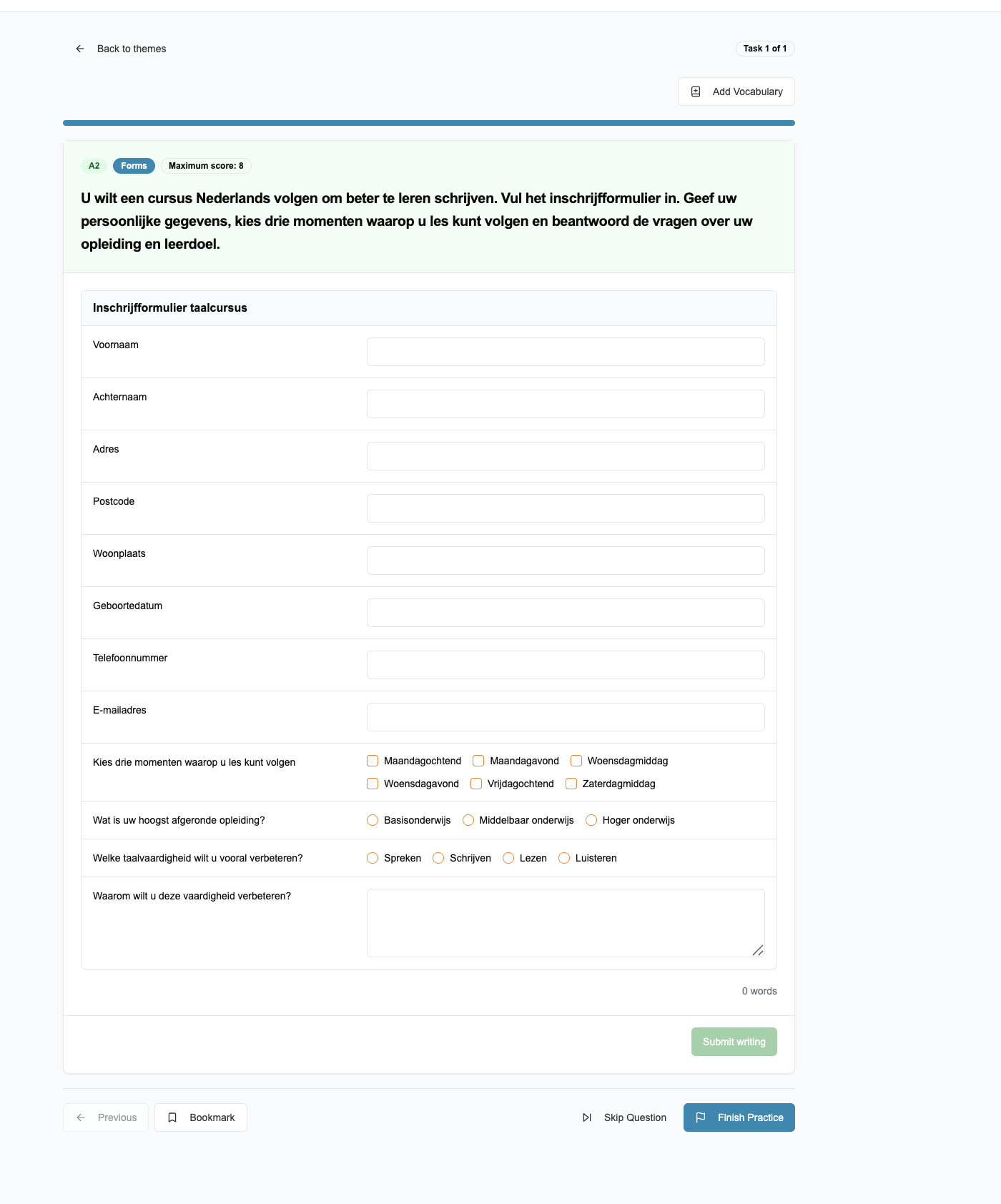 MijnJuffie structured Dutch writing task with a realistic form